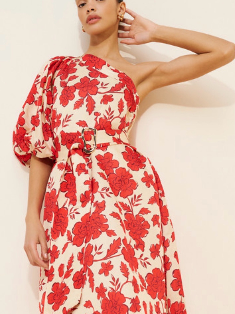 Anthropologie One-Shoulder Cream Dress with Red Floral Print